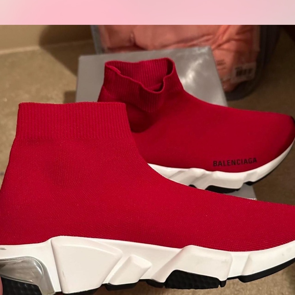 Balenciaga Red and White Knit Sneakers - Picture 1 of 8